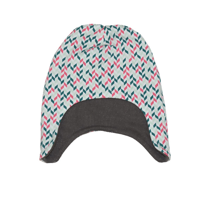 Gorro infantil de invierno en fucsia y verde Gorro infantil de invierno de estampado geométrico en fucsia y verde. Protege del frío cabeza y orejas