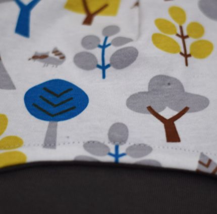 Gorro infantil de invierno con estampado de mapaches y arboles del bosque en blanco, azul, gris y amarillo. Ideal para proteger cabeza y orejas del frío.