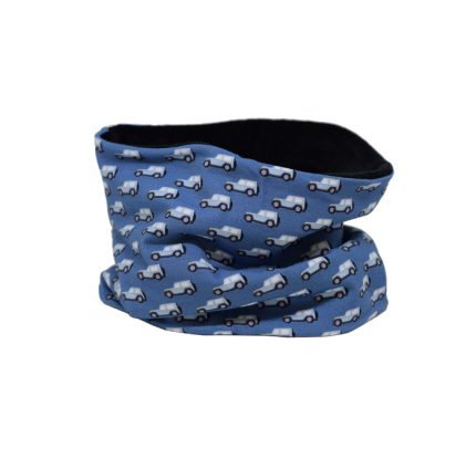 Cuello polar tipo braga con estampado de coches en azul. Protege del frío a tus hijos en invierno.