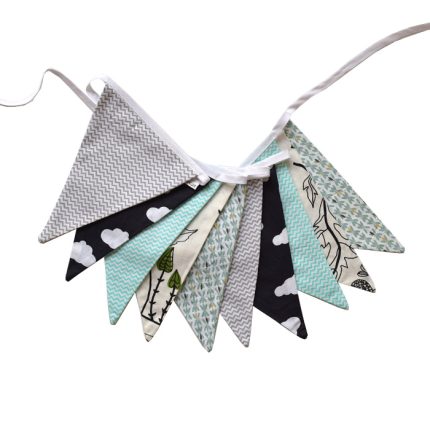 Guirnalda decorativa de tela Pájaros en b/n y turquesa